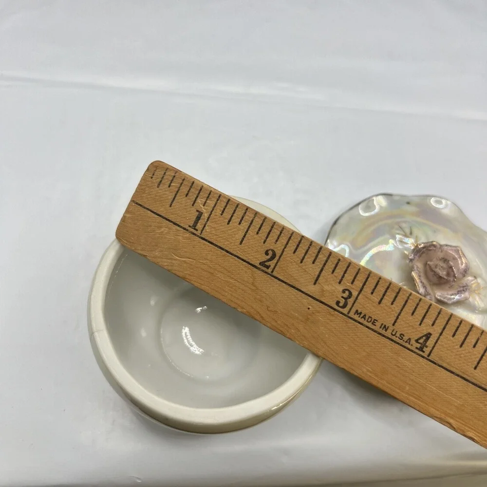 Vintage Iridescent Porcelain Trinket Box Applied Rose Lusterware Jewelry Dish